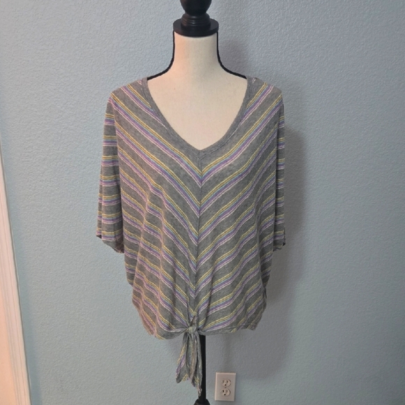 DEMOCRACY Dolman Sleeves Tie Front Top Sz XL Chevron Print In Gray Purple Yellow - Picture 1 of 11